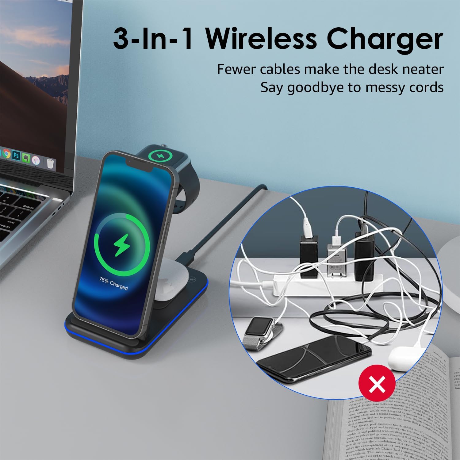 Minthouz Wireless Charger, 18W 3 in 1 Fast Wireless Charging Station for Multiple Devices Apple Watch, AirPods, Wireless Charger Stand Compatible with iPhone 14/13/12/11 Series, Samsung (with Adapter)