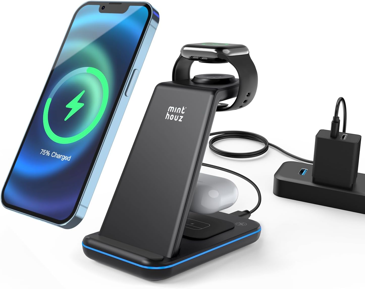 Minthouz Wireless Charger, 18W 3 in 1 Fast Wireless Charging Station for Multiple Devices Apple Watch, AirPods, Wireless Charger Stand Compatible with iPhone 14/13/12/11 Series, Samsung (with Adapter)