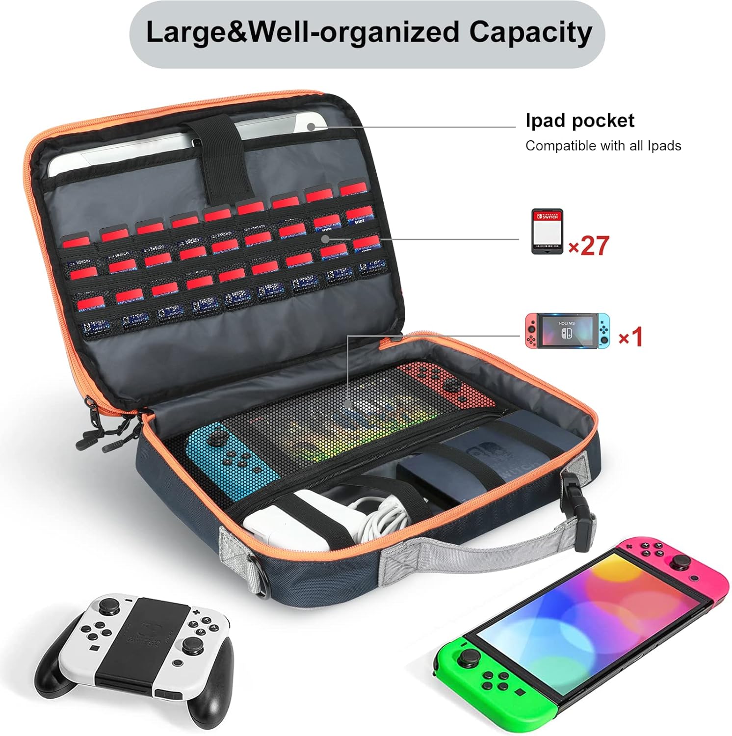 11.6 Inch Double Layer Travel Cable Organizer Bag,27 Game Storage for Switch Bag,Electronic Bag for Laptop,Table -Gray with Blue, Gray With Blue