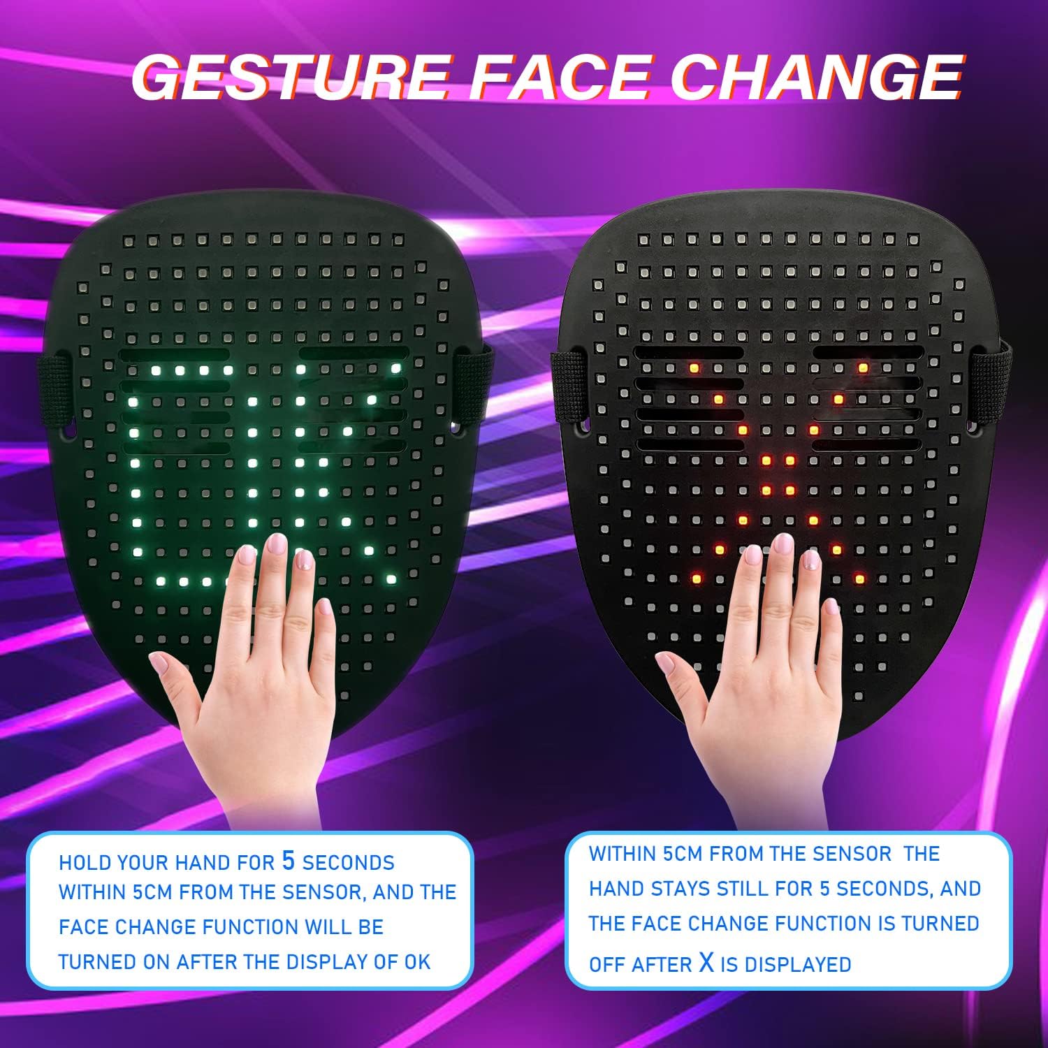Depointer Life Led Mask with Gesture Sensing, LED Lighted Face Transforming Mask for Costume Cosplay Party Masquerade