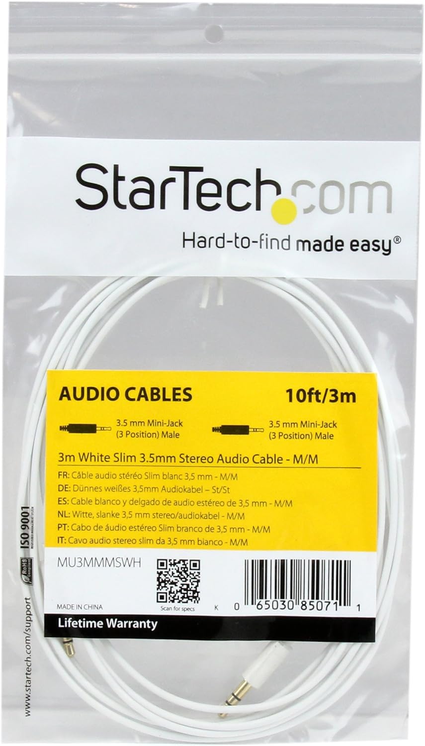 StarTech.com MU1MMSRA 1 feet Slim 3.5mm to Right Angle Stereo Audio Cable - M/M